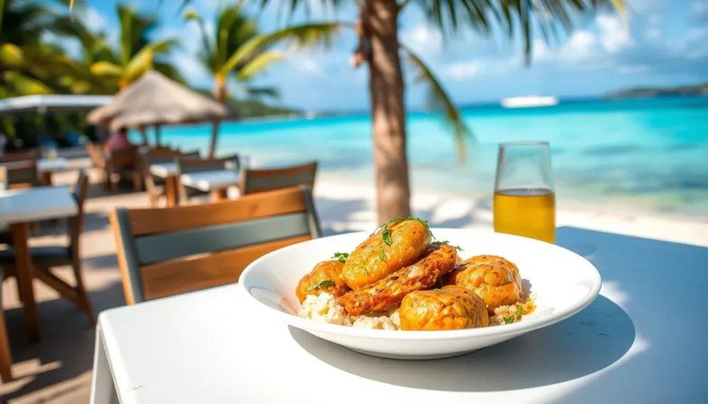 Generate an image of a traditional Caribbean dish, such as conch fritters or roti, being served at a beachside restaurant in Tortola.