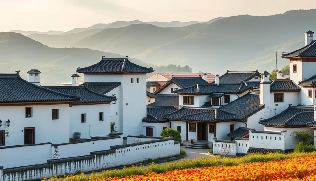 Generate an image of a traditional Chinese village with white walls and black tile roofs nestled among hills and flowering fields.