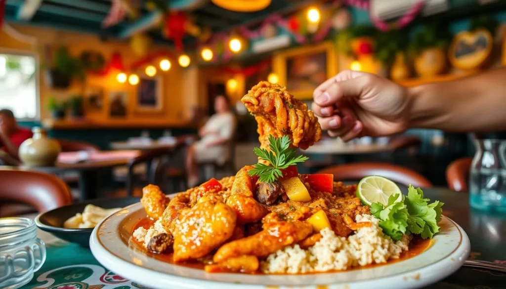 Generate an image of a traditional Cuban dish being served in a colorful paladar.