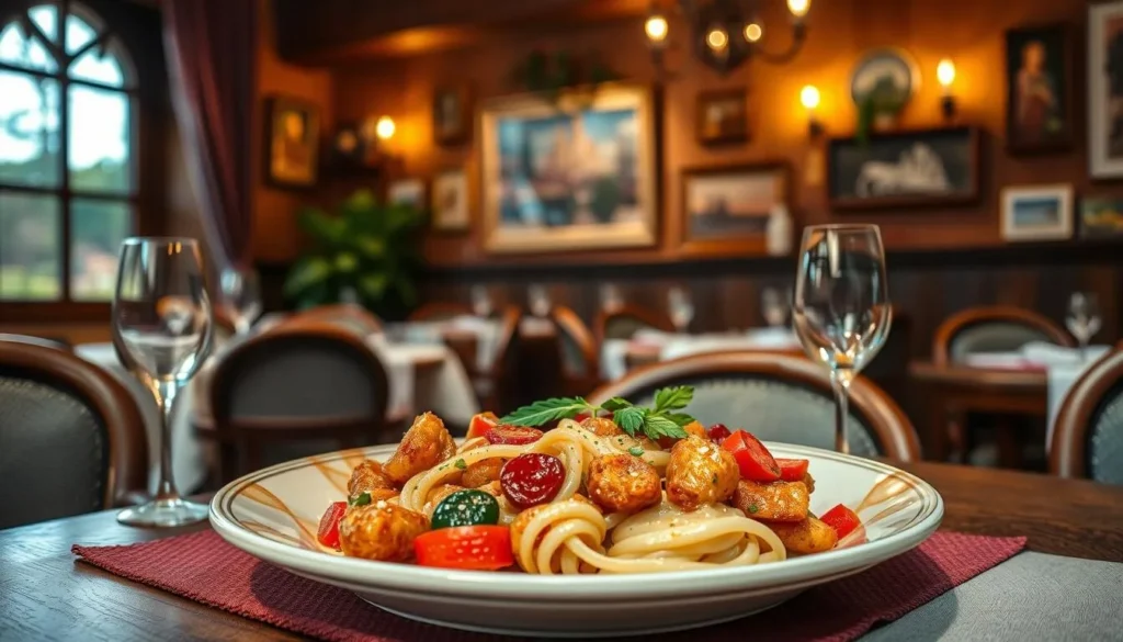 Generate an image of a traditional Hungarian dish being served in a cozy restaurant.