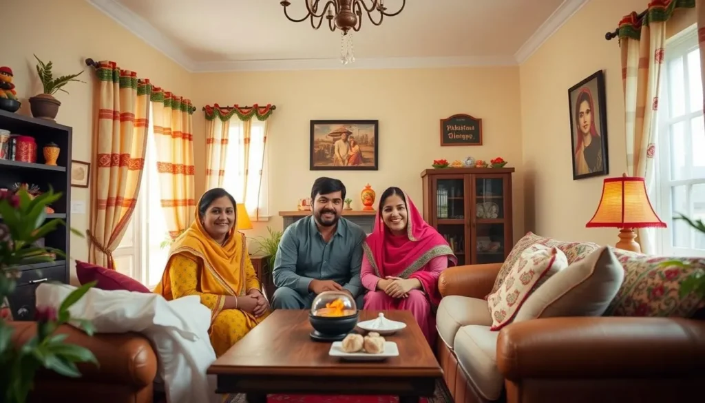 Generate an image of a traditional Pakistani home with a welcoming host family.