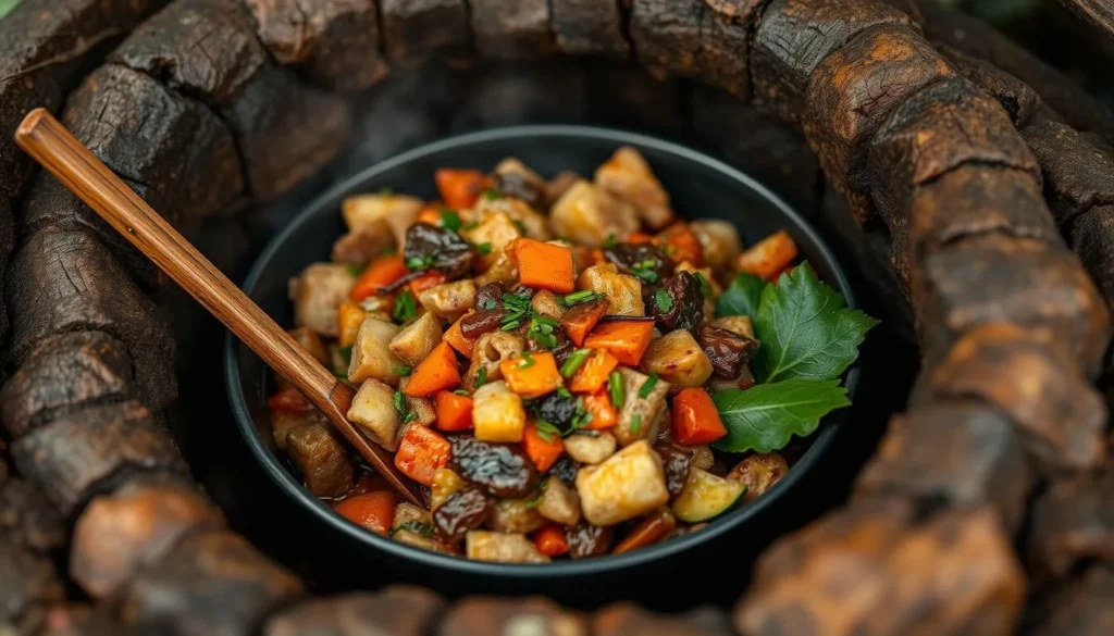 Generate an image of a traditional Samoan dish, such as Palusami, being prepared in an umu (earth oven).