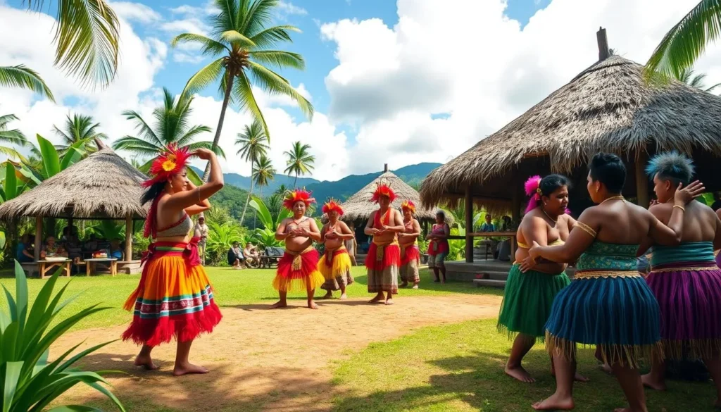Generate an image of a traditional Samoan village with locals performing a cultural dance.