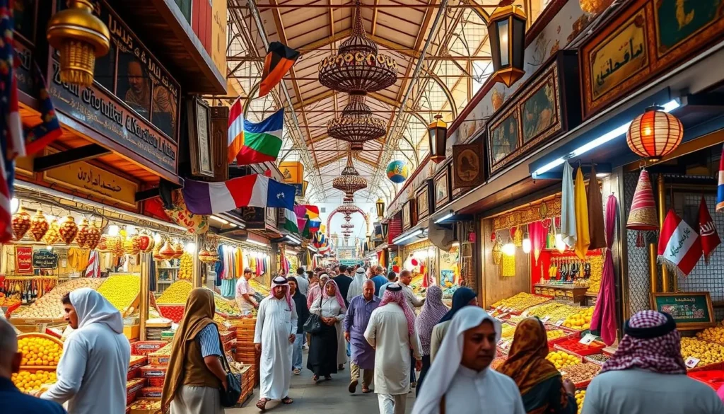 Generate an image of a traditional souk in Al Khobar, highlighting the vibrant colors and bustling activity.