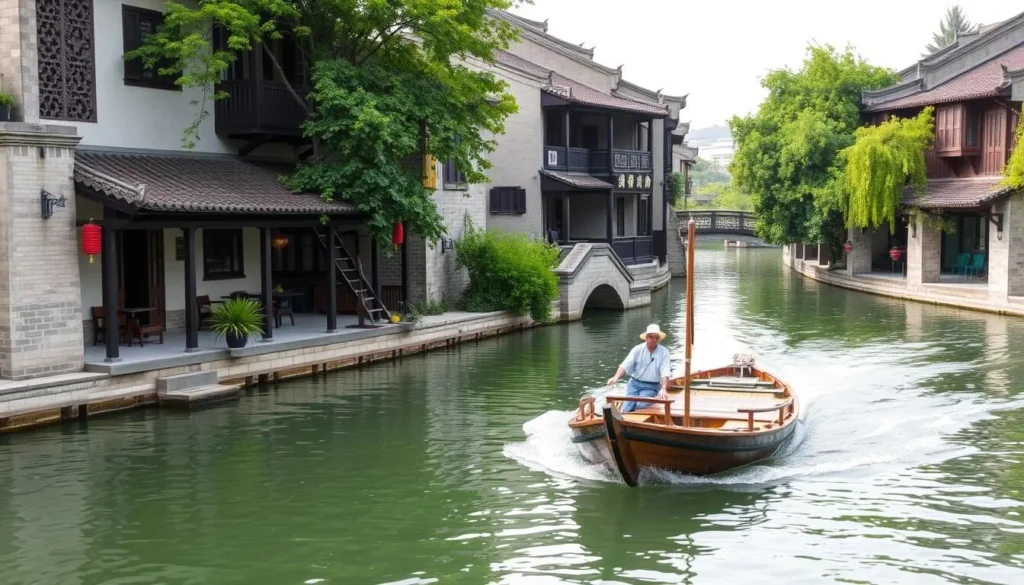 Generate an image of a traditional wooden boat sailing through Zhujiajiao's canals.