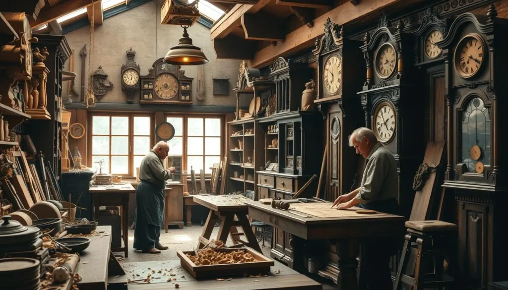 Generate an image of a traditional woodworking shop with artisans crafting furniture and clocks.