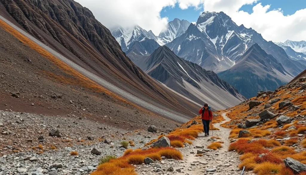 Generate an image of a trekker walking through the rugged terrain of Mustang