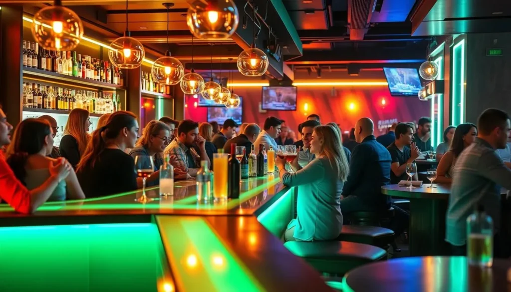Generate an image of a trendy bar in Minsk with a lively atmosphere.