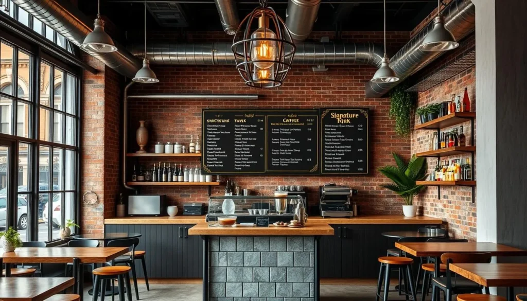 Generate an image of a trendy coffee shop with a refurbished industrial space, featuring a signature drink menu.