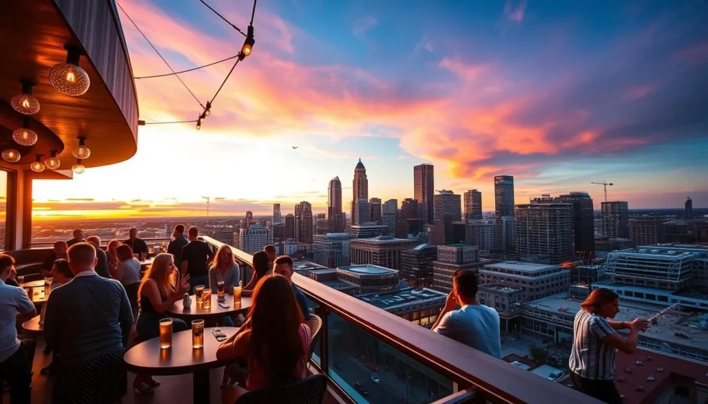 Generate an image of a trendy rooftop bar in Atlanta with a stunning skyline view