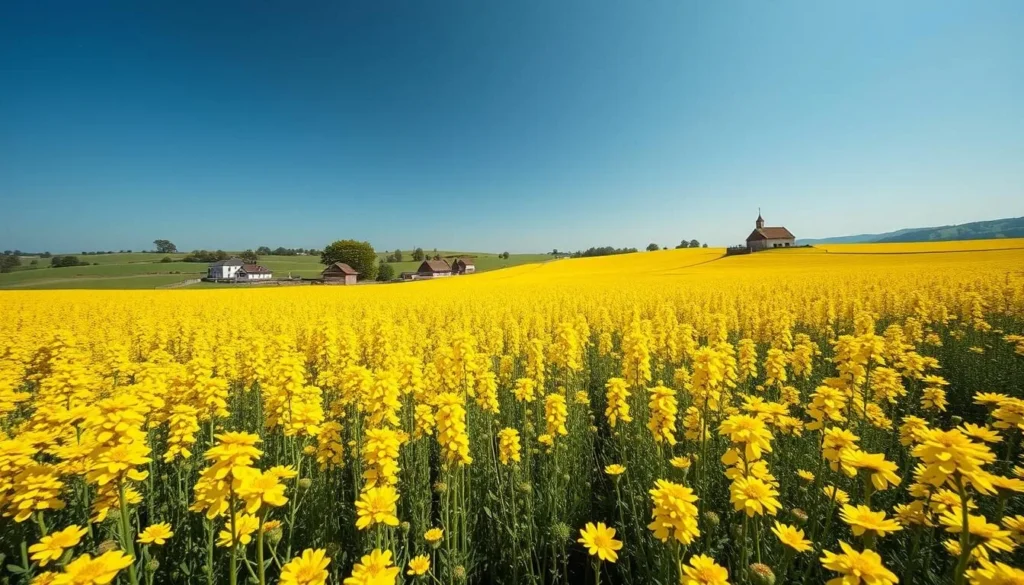 Generate an image of a vast, golden rapeseed flower field with traditional white-walled villages in the background.