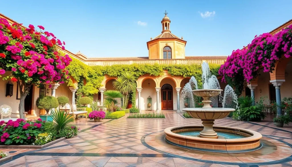 Generate an image of a vibrant Córdoba patio with flowers and fountains.