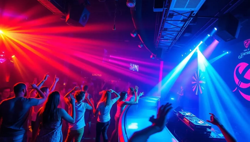 Generate an image of a vibrant Ibiza nightclub scene with people dancing and DJs performing.