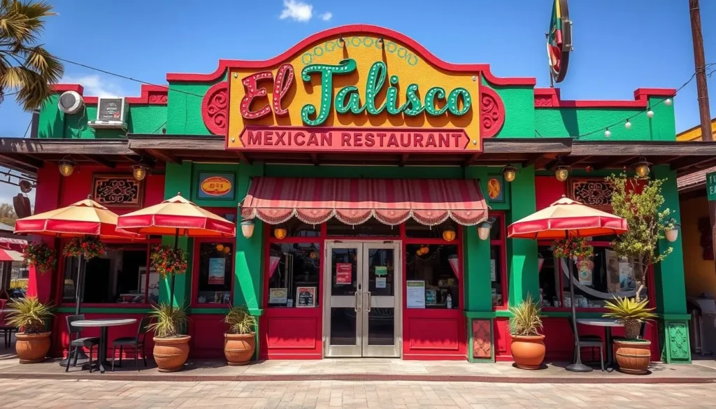 Generate an image of a vibrant Mexican restaurant with a colorful exterior and a sign reading "El Jalisco Mexican Restaurant"
