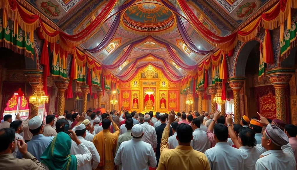 Generate an image of a vibrant Sufi shrine in Pakistan during a dhamal ceremony