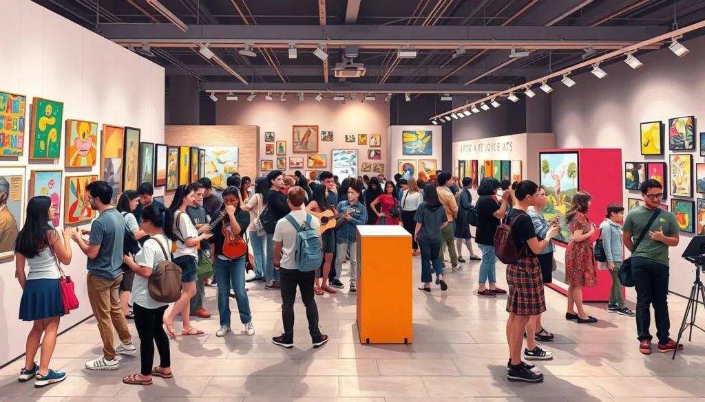 Generate an image of a vibrant arts scene in Cambridge, featuring a mix of students and locals enjoying various performances and exhibitions.