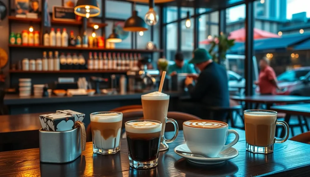 Generate an image of a vibrant café scene in Melbourne, with specialty coffee drinks and a cozy atmosphere.