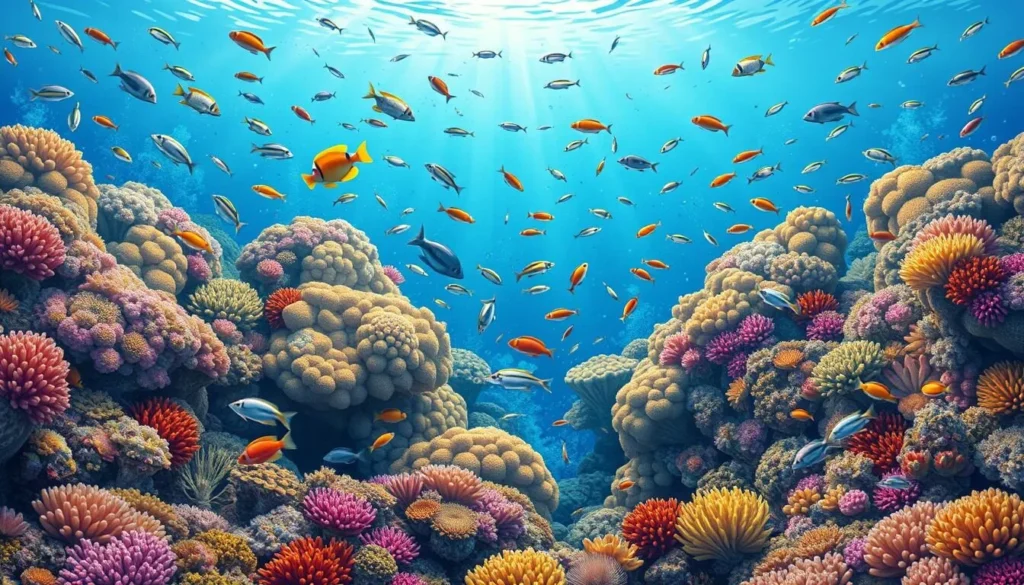 Generate an image of a vibrant coral reef teeming with marine life in Grand Cayman.