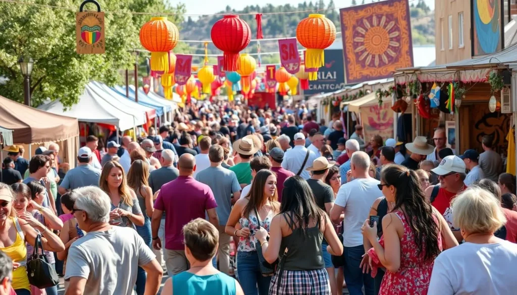 Generate an image of a vibrant festival scene in Grand Junction, Colorado, with people enjoying various activities. Generate an image of a vibrant festival scene in Grand Junction, Colorado, with people enjoying various activities.