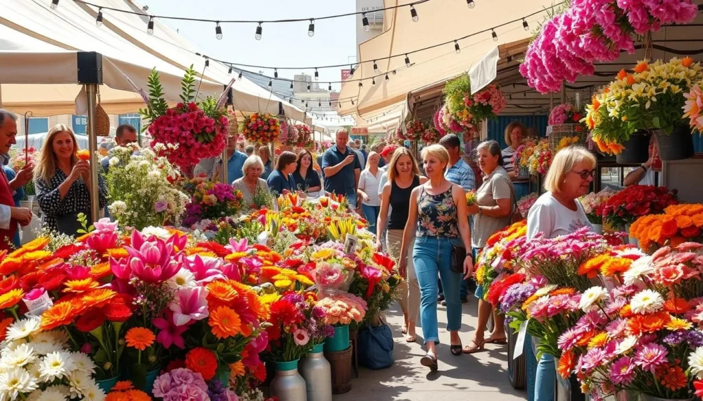 Generate an image of a vibrant flower market with a variety of colorful blooms and bustling activity.