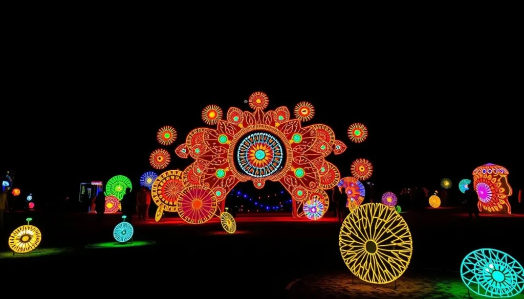 Generate an image of a vibrant light installation at Parrtjima festival