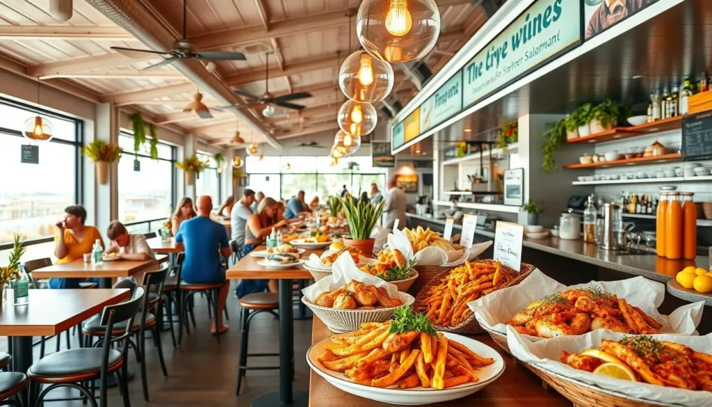 Generate an image of a vibrant restaurant scene on the Sunshine Coast, featuring fresh seafood and local ingredients.