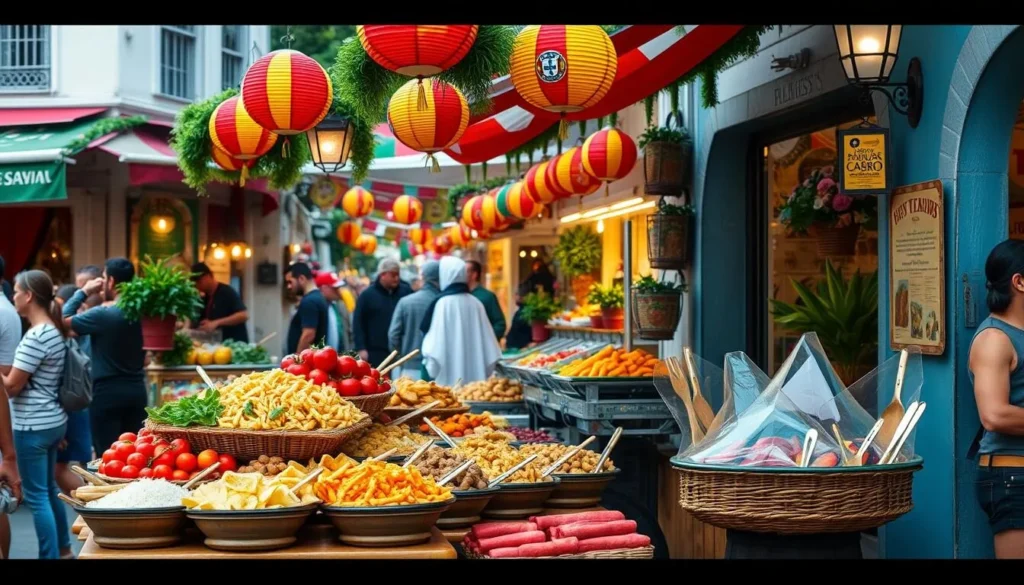 Generate an image of a vibrant street festival with traditional Portuguese food and decorations.