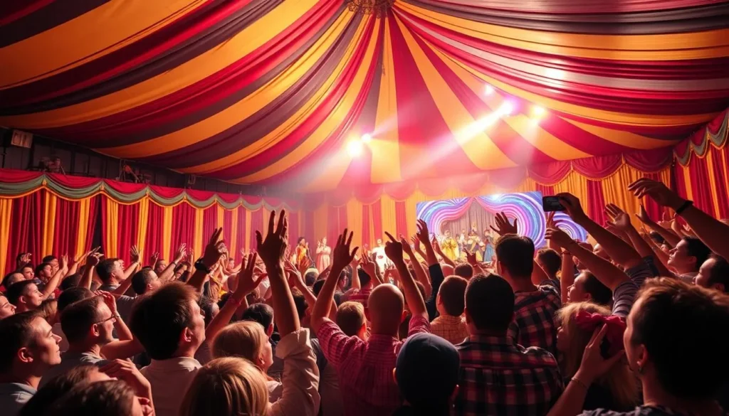Generate an image of a vibrant theater performance under a big top tent, with a diverse cast and enthusiastic audience.
