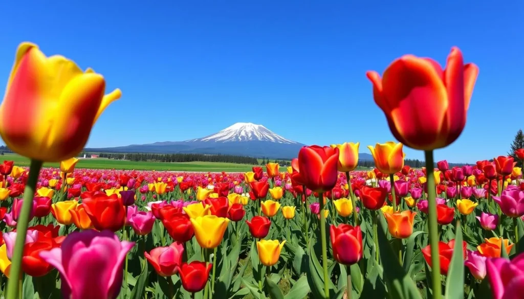 Generate an image of a vibrant tulip field at Skagit Acres with Mount Baker in the background.