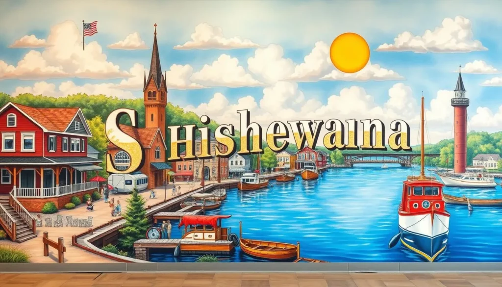 Generate an image of a vibrant wall mural in Shipshewana, showcasing the town's history.
