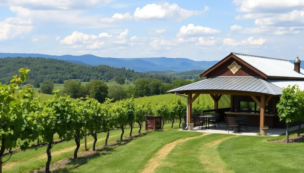 Generate an image of a vineyard in the Finger Lakes region with a wine tasting area.