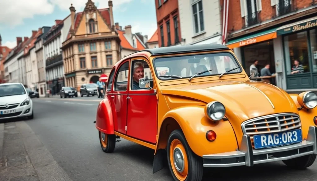 Generate an image of a vintage Citroën2CV driving through the historic streets of Lille, with the driver pointing out landmarks. Generate an image of a vintage Citroën2CV driving through the historic streets of Lille, with the driver pointing out landmarks.