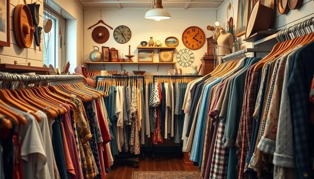 Generate an image of a vintage clothing store with racks of gently used clothes and accessories.