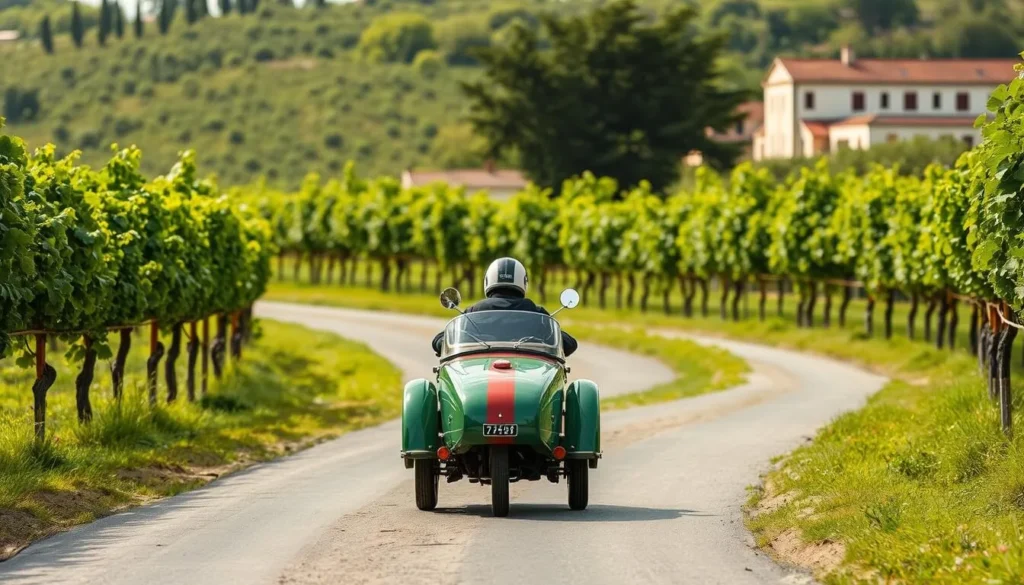 Generate an image of a vintage sidecar touring through the vineyards of Saint-Émilion.