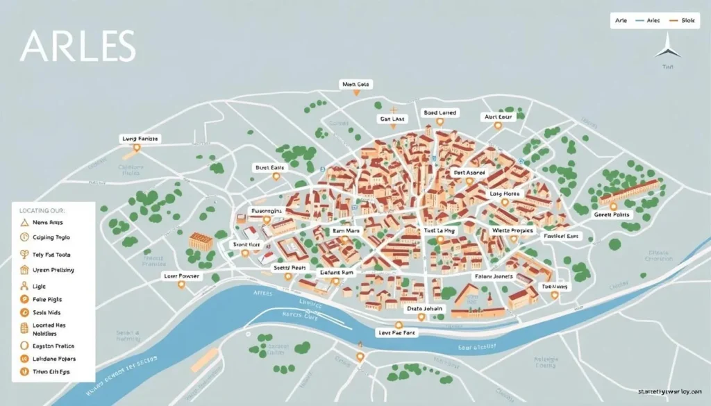 Generate an image of a walking tour map in Arles with key locations marked.