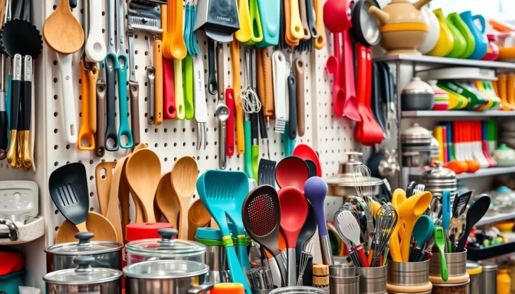 Generate an image of a well-organized kitchen store with various cooking utensils and gadgets on display.