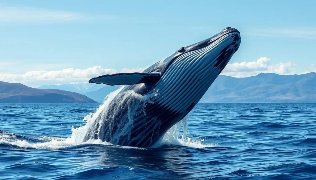 Generate an image of a whale breaching the water's surface during a whale watching tour.