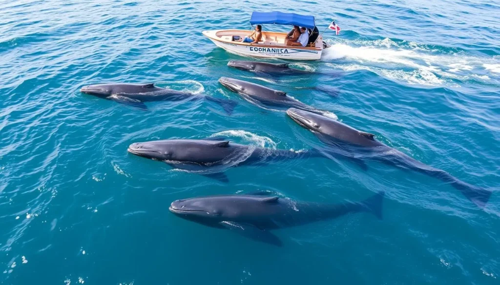 Generate an image of a whale watching tour in Dominica, with a boat surrounded by sperm whales in their natural habitat.
