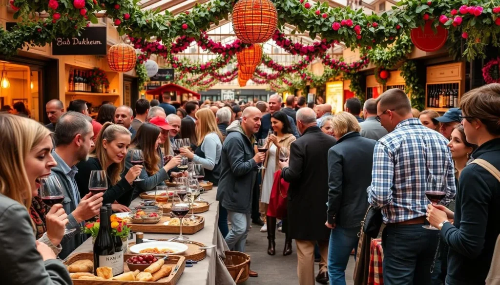 Generate an image of a wine festival in Bad Dürkheim, with people enjoying wine and traditional German food.