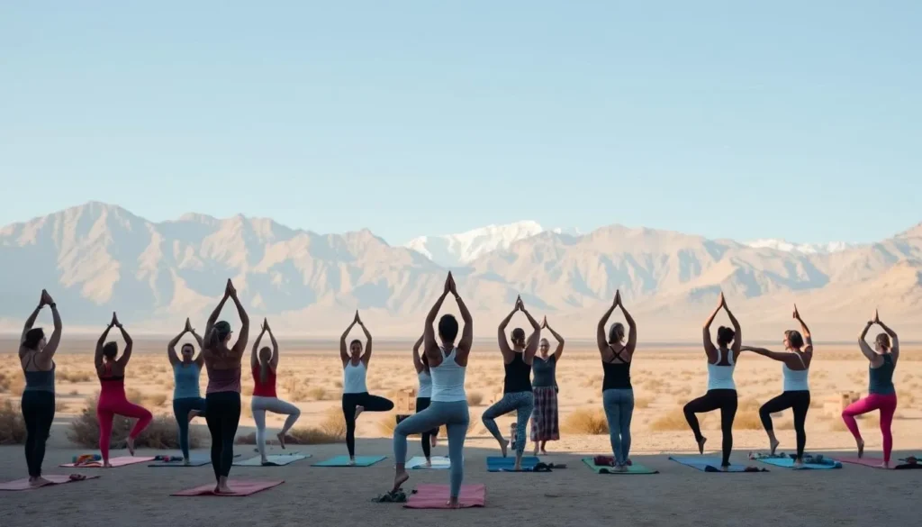 Generate an image of a yoga class in a desert setting with mountains in the background