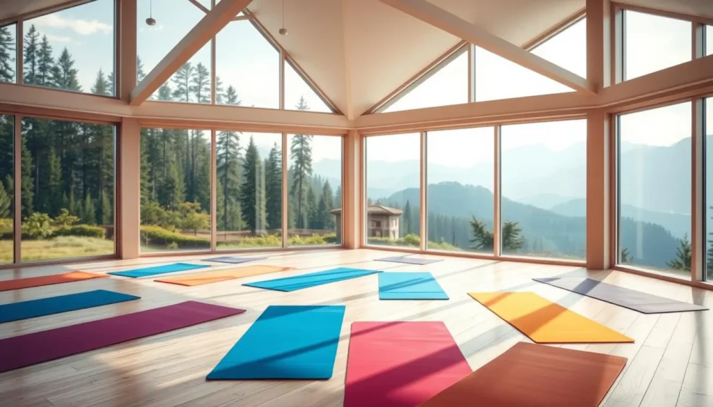 Generate an image of a yoga studio with a variety of yoga mats and a serene, natural backdrop.