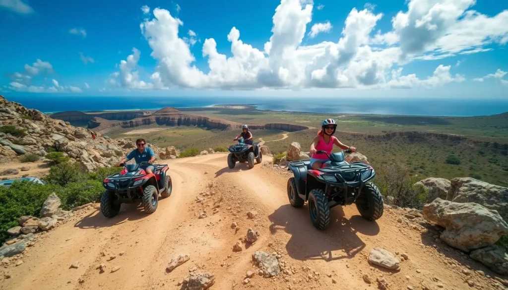 Generate an image of an ATV tour in Aruba's rugged terrain.