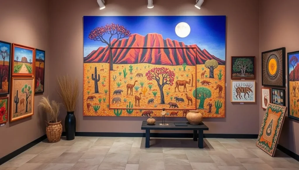 Generate an image of an Aboriginal art gallery in Alice Springs, showcasing vibrant desert art.
