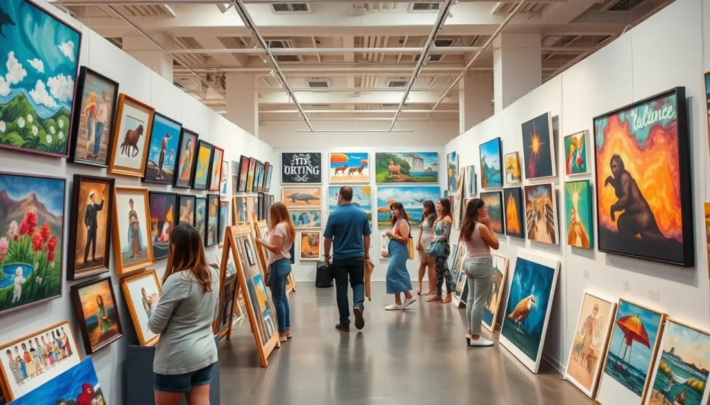 Generate an image of an art competition with diverse artworks displayed in a gallery.