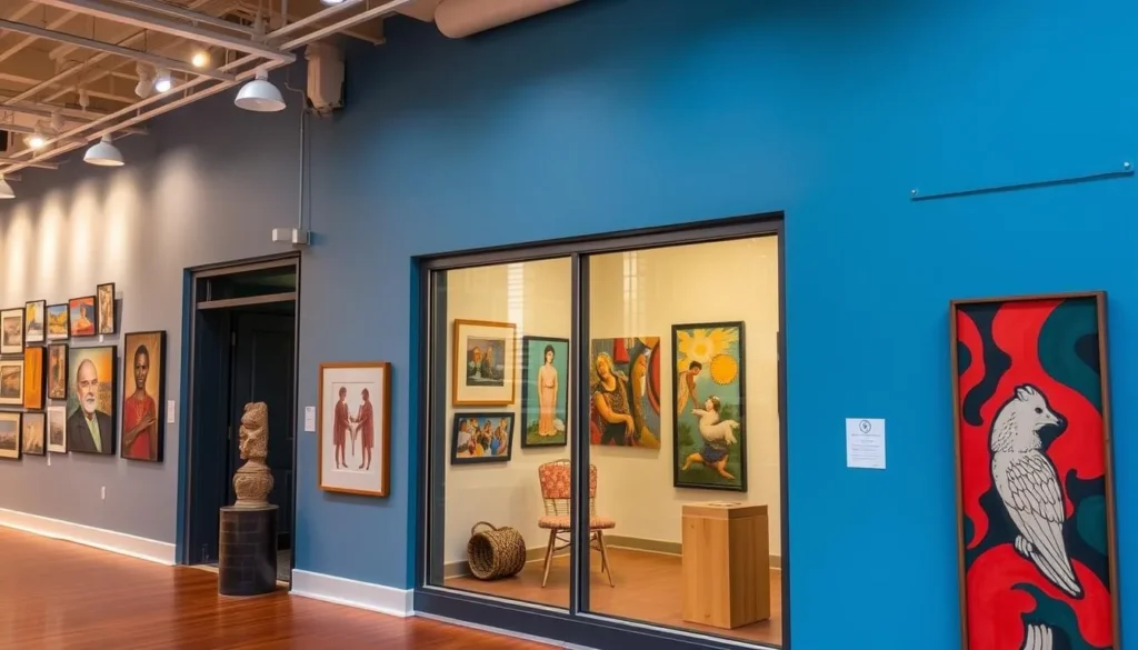 Generate an image of an art gallery in downtown Ithaca, featuring diverse exhibits.