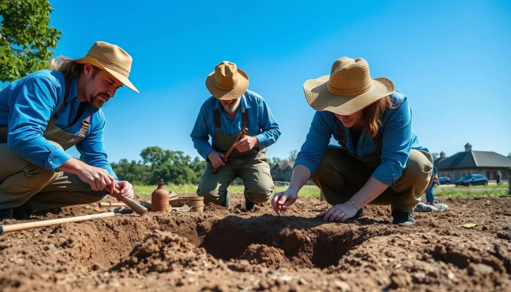 Generate an image of archaeologists excavating at Historic Jamestowne