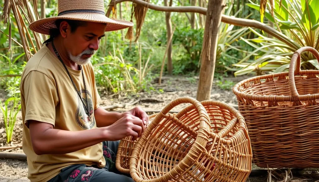 Generate an image of artisans at Red Bays weaving traditional Seminole baskets. Generate an image of artisans at Red Bays weaving traditional Seminole baskets.