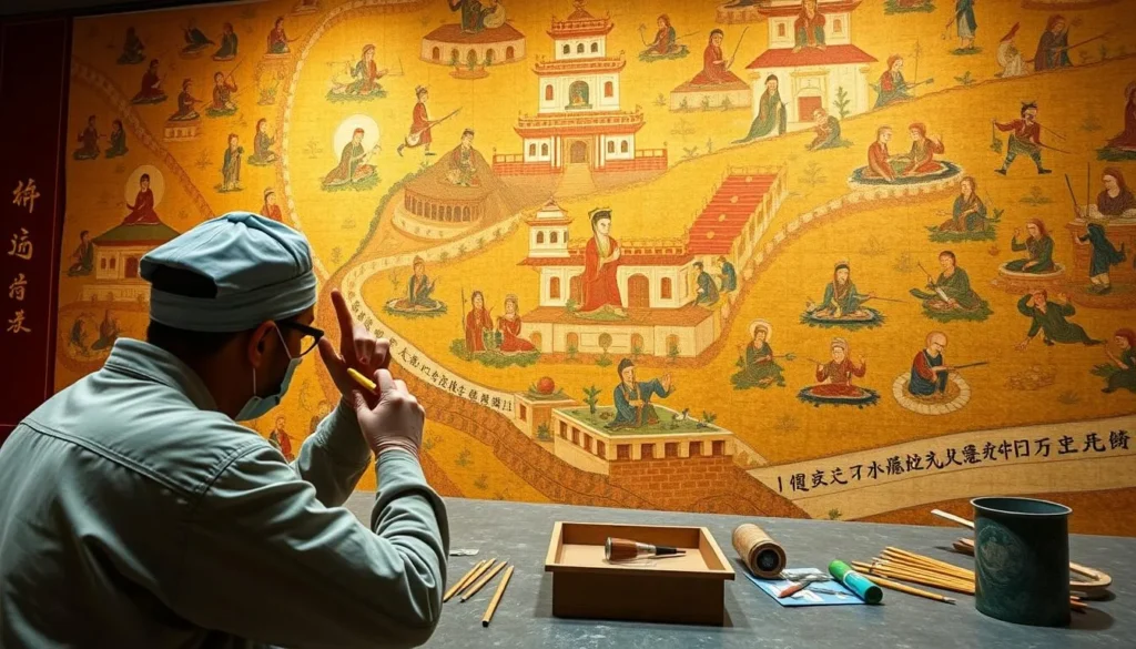 Generate an image of artists copying ancient Dunhuang murals at the Ming Shan Museum of Art.