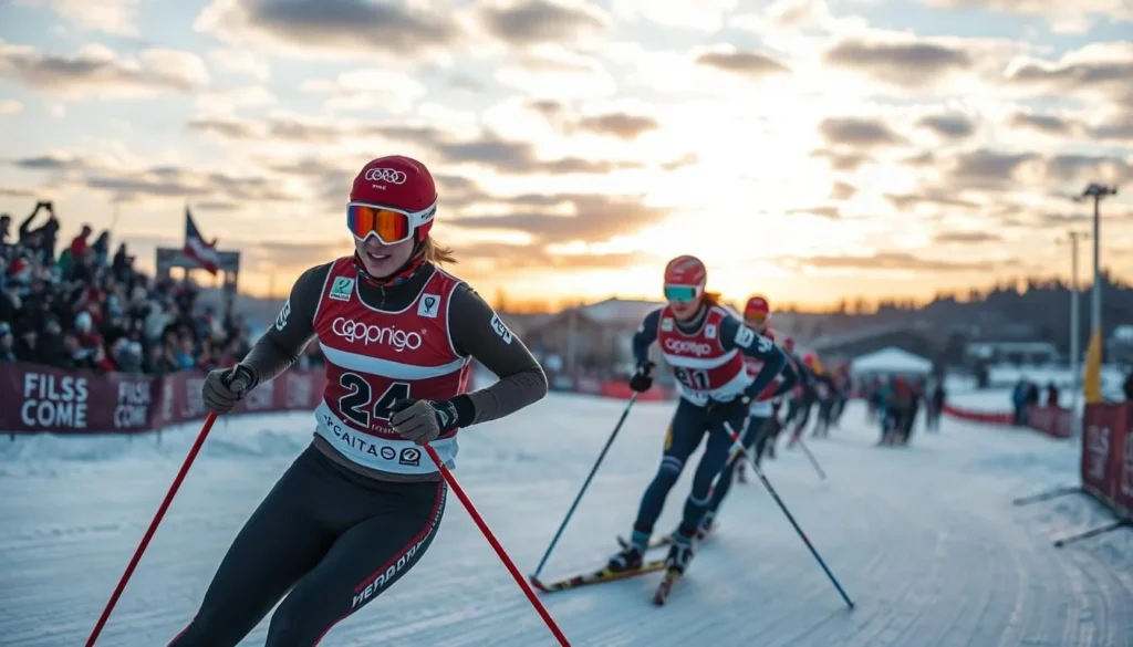 Generate an image of athletes competing in FIS Nordic Combined at the Tehvandi Sports Center in Otepää, Estonia.