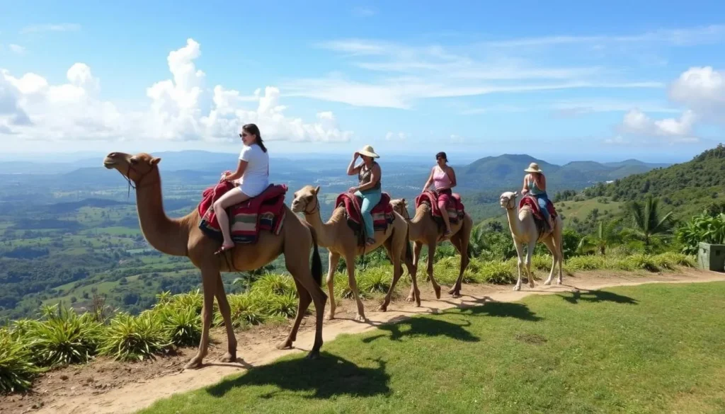 Generate an image of camel riders at Yaaman Adventure Park, trekking through the Jamaican countryside.